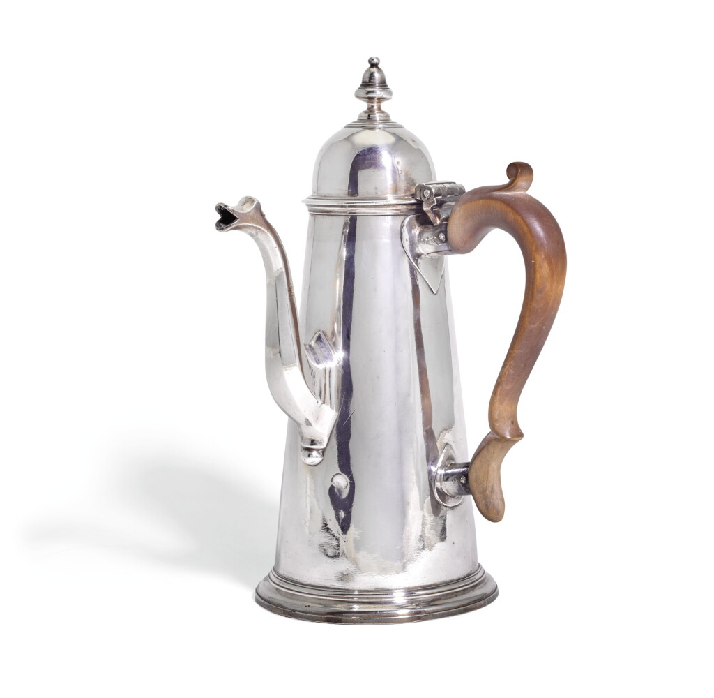 View full screen - View 1 of Lot 24. A GEORGE I SILVER COFFEE POT, THOMAS PARR, LONDON, 1719.