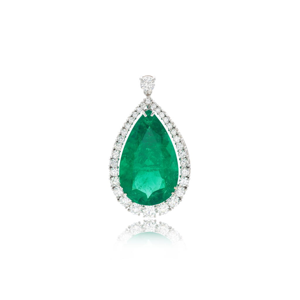 View full screen - View 1 of Lot 732. Emerald and diamond pendant.