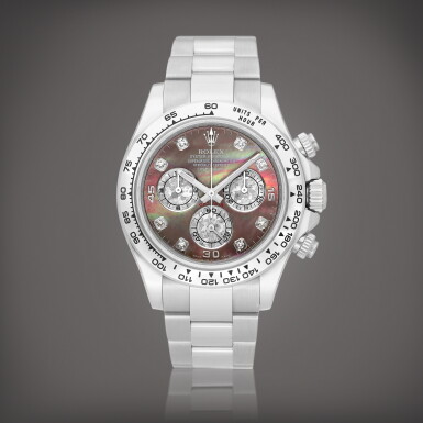 View full screen - View 1 of Lot 750. Cosmograph Daytona, Reference 116509 | A white gold and diamond-set chronograph wristwatch with mother-of-pearl dial and bracelet, Circa 2008 | 勞力士 | Cosmograph Daytona 型號116509 | 白金鑲鑽石計時鏈帶腕錶,備珠母貝錶盤,約2008年製.