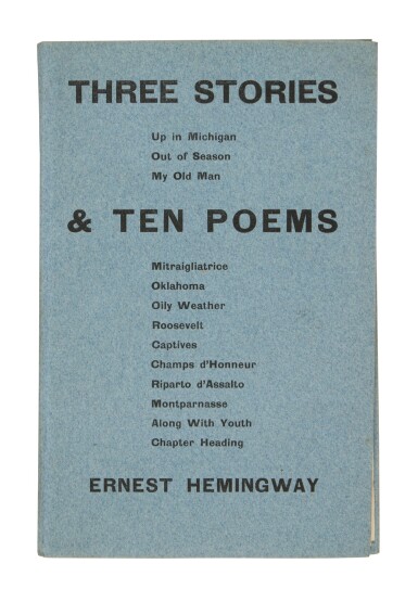 View full screen - View 1 of Lot 20. Hemingway, Ernest | The author's first book, retaining the elusive glassine jacket.