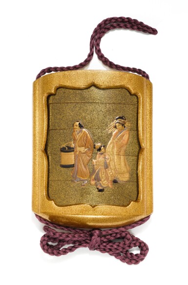 View full screen - View 1 of Lot 95. A FOUR-CASE SLEEVE INRO SIGNED KAJIKAWA SAKU | EDO PERIOD, 19TH CENTURY.