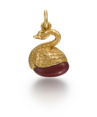 View full screen - View 1 of Lot 16. A Fabergé gold and purpurine egg pendant, workmaster Erik Kollin, St Petersburg, circa 1890.