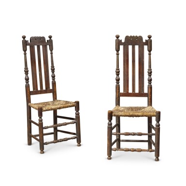 View full screen - View 1 of Lot 18. Very Rare Pair of William and Mary Black-Painted Banister-Back Ash Side Chairs, Southeastern Pennsylvania, Circa 1725.