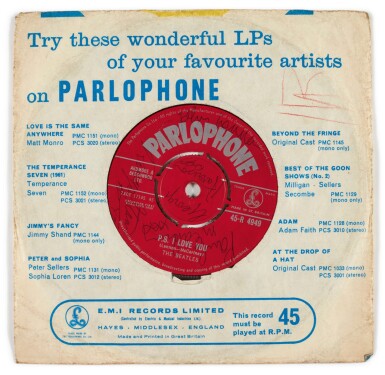View full screen - View 1 of Lot 8. THE BEATLES | Love Me Do, 1962, first pressing, signed by all four Beatles.