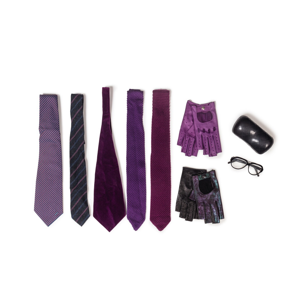 View full screen - View 1 of Lot 73. Set of Nine : Five signed Ties; Causse, Two Lambskin Mittens; Karl Lagerfeld, One pair of glasses and Chanel, empty glasses box.