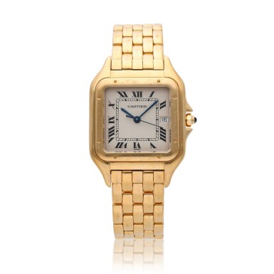 View full screen - View 1 of Lot 211. Reference 887968C Panthère de Cartier A yellow gold wristwatch with date and bracelet, Circa 2005.
