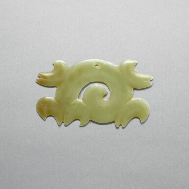 View full screen - View 1 of Lot 705. A yellowish-celadon jade 'cloud' pendant, Neolithic period, Hongshan culture | 新石器時代 紅山文化 青黃玉勾雲珮 .