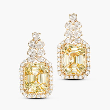 View full screen - View 1 of Lot 1311. Pair of Yellow Sapphire and Diamond Earrings | 9.38及 8.65克拉 天然 「斯里蘭卡」未經加熱黃色剛玉 配 鑽石 耳墜一對 .