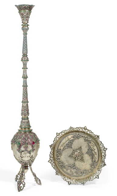 View full screen - View 1 of Lot 304. A GEM-SET AND TURQUOISE SILVER HUQQA, EUROPE OR PERSIA, FIRST-HALF 20TH CENTURY.