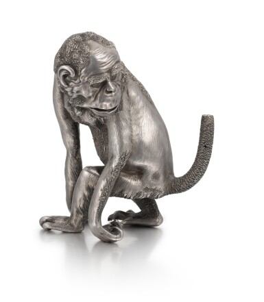 View full screen - View 1 of Lot 84. A Fabergé silver table lighter in the form of a chimpanzee, workmaster Julius Rappaport, St Petersburg, 1899-1908.