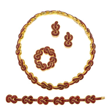 View full screen - View 1 of Lot 137. Gold and Carnelian Suite of Jewels.