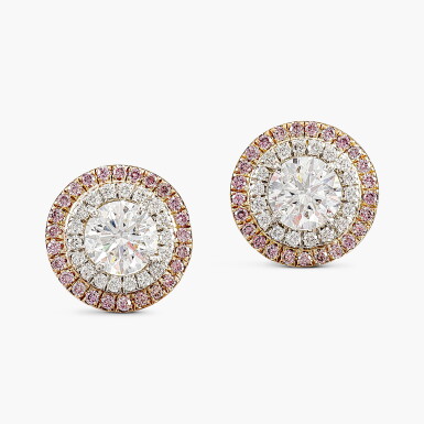 View full screen - View 1 of Lot 1378. Pair of Diamond Earrings | 0.76 及 0.75克拉 圓形 F色 鑽石 配 鑽石 耳環一對.