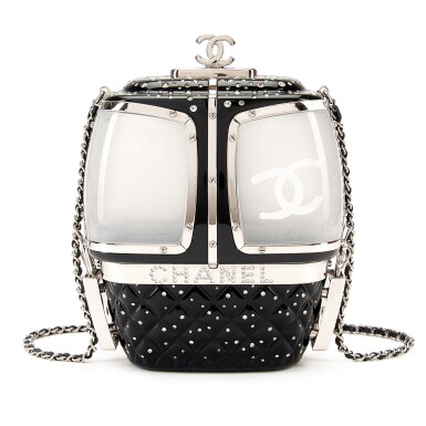 View full screen - View 1 of Lot 7849. Limited Edition Black and Silver Strass, Lucite, and Enamel Evening In The Mountain Gondola Minaudière Silver Hardware, 2019.