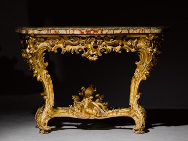 View full screen - View 1 of Lot 9. An Italian carved giltwood console table, Rome, circa 1750.