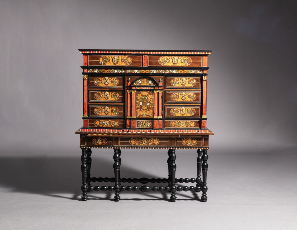 View full screen - View 1 of Lot 104. A Louis XIV gilt-bronze mounted tinted wood, ebony, rosewood, ivory and tinted horn veneered cabinet, circa 1680 | Cabinet en ébène, bois teinté, palissandre, ivoire, corne teintée et bronze doré, d'époque Louis XIV, vers 1680.