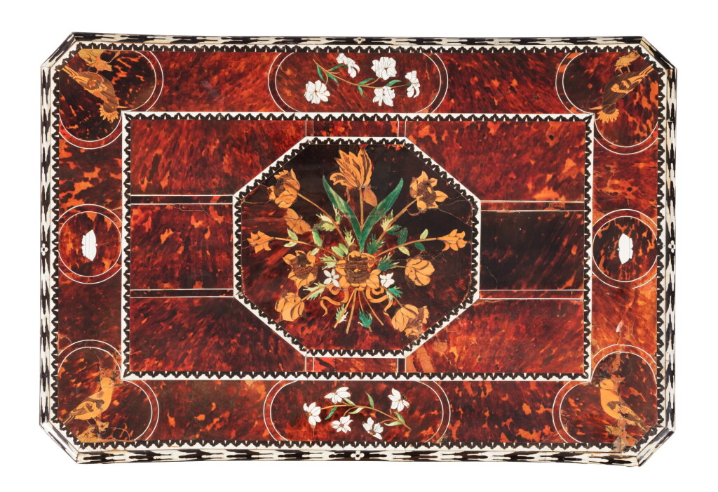 View full screen - View 1 of Lot 1. A tortoiseshell, ivory inlaid and marquetry top attributed to Pierre Gole, late 17 th century | Plateau en placage d'écaille, incrustation d'ivoire et bois de placage attribué à Pierre Gole, fin du XVIIeme siècle.