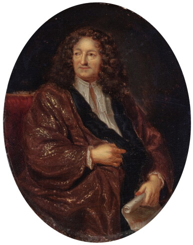View full screen - View 1 of Lot 69. Portrait of a gentleman, seated, in a burgundy robe de chambre, holding a parchment scroll.