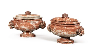 View full screen - View 1 of Lot 112. A PAIR OF LOUIS XIV LANGUEDOC RED MARBLE COVERED VASES | PAIRE DE VASQUES EN MARBRE ROUGE DU LANGUEDOC D'ÉPOQUE LOUIS XIV.