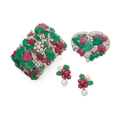 View full screen - View 1 of Lot 20. RUBY, EMERALD, CULTURED PEARL AND DIAMOND SUITE.