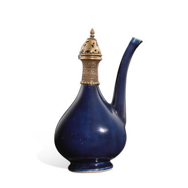 View full screen - View 1 of Lot 9727. A gilt-copper mounted blue-glazed ewer | 藍釉鎏金銅鑲口軍持.