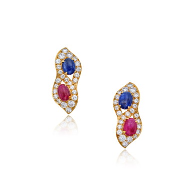 View full screen - View 1 of Lot 460. Pair of Ruby, Sapphire and Diamond Earclips.