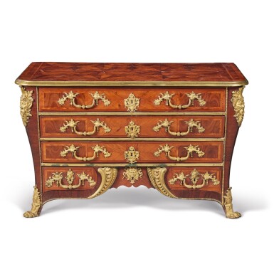 View full screen - View 1 of Lot 641. A Régence Gilt Bronze and Brass-Mounted Kingwood Commode en Tombeau, Circa 1720.