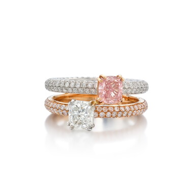 View full screen - View 1 of Lot 414. Fancy Intense Pink Diamond and Diamond Ring.