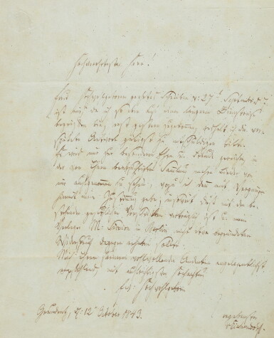 View full screen - View 1 of Lot 45. J. von Eichendorff | Autograph letter signed to Karl Goedeke, 12 October 1843.