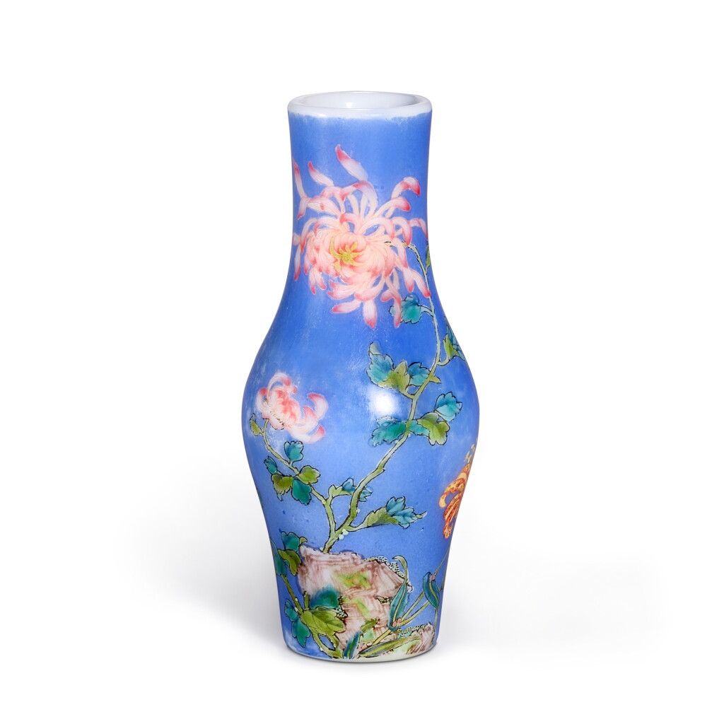 View full screen - View 1 of Lot 3646. An imperial Beijing enamel glass 'floral' vase, ganlanping Mark and period of Qianlong | 清乾隆 料胎藍地北京畫琺瑯壽菊萱花橄欖瓶 《乾隆年製》款.