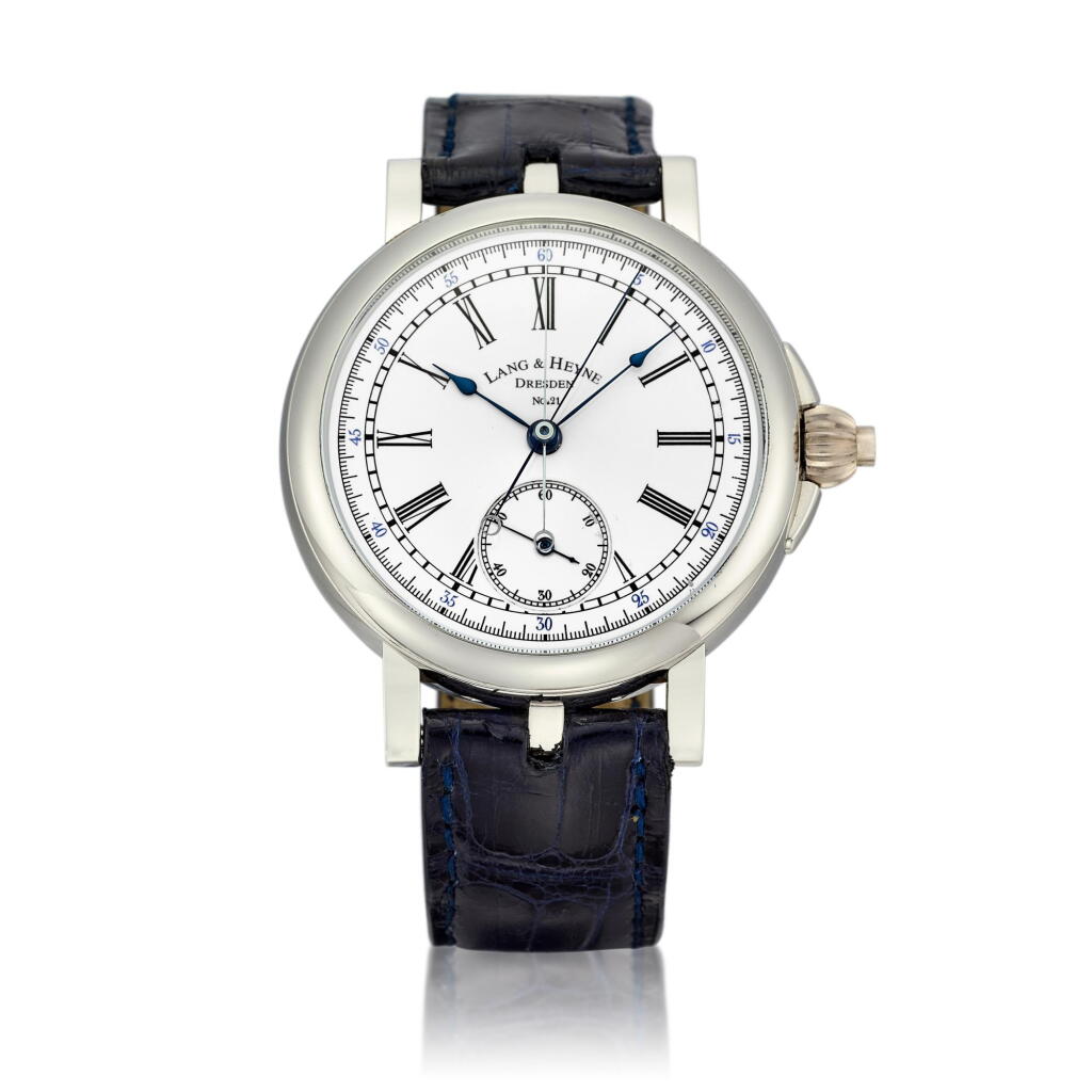 View full screen - View 1 of Lot 2077. Albert | A platinum single button chronograph wristwatch with enamel dial and 60 minute central register, Circa 2017 | Lang & Heyne | Albert | 鉑金單按鈕計時腕錶,備琺瑯錶盤及60分中心刻度,約2017年製.
