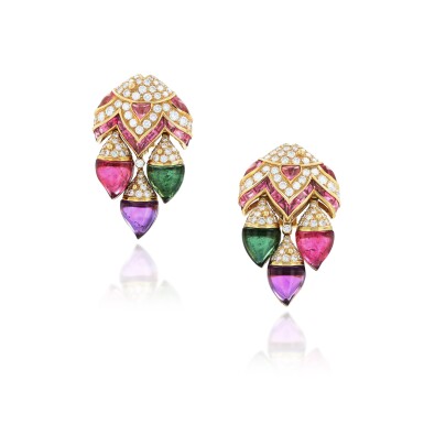 View full screen - View 1 of Lot 210. Paire de pendants d'oreille pierres de couleur et diamants "Mamma Pesce" | Pair of gem-set and diamond pendent earrings, 'Mamma Pesce'.