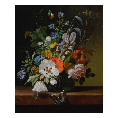 View full screen - View 1 of Lot 32. Still life with flowers in a vase on a ledge with a dragonfly, caterpillar, and butterfly.