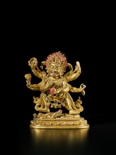 View full screen - View 1 of Lot 122. A gilt-copper alloy figure of Mahakala, Qing dynasty, 18th century.
