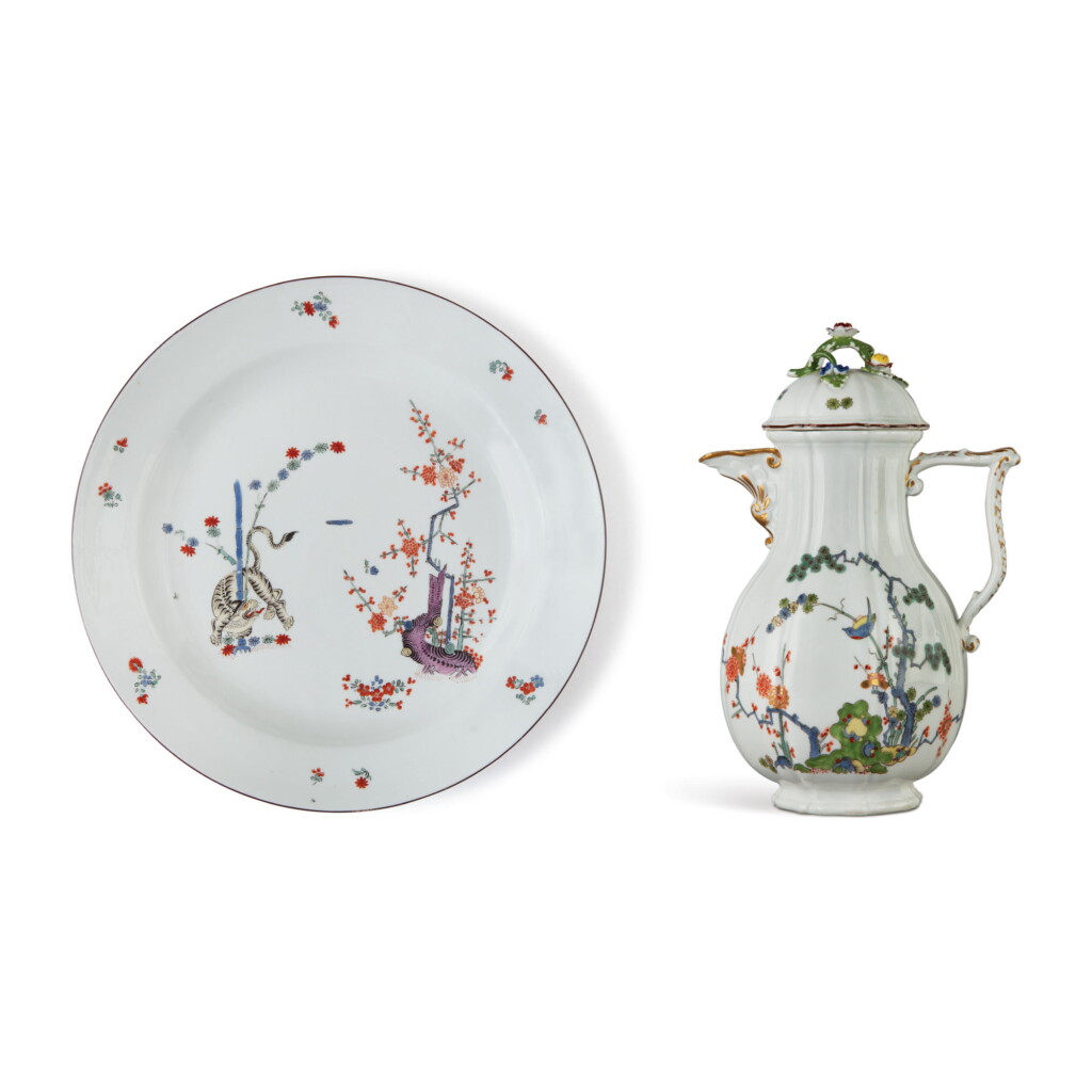 View full screen - View 1 of Lot 562. A MEISSEN LARGE CIRCULAR DISH FROM THE 'GELBER LOWE' SERVICE, AND A MEISSEN KAKIEMON COFFEE POT AND COVER, CIRCA 1735-45.