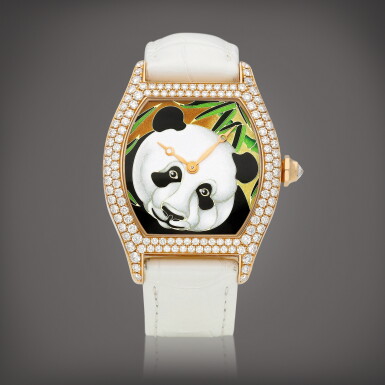 View full screen - View 1 of Lot 8676. Tortue | A limited edition pink gold and diamond-set wristwatch with champlevé enamel dial, Circa 2010 | 卡地亞 | Tortue | 限量版粉紅金鑲鑽石腕錶,備內填琺瑯錶盤,約2010年製.