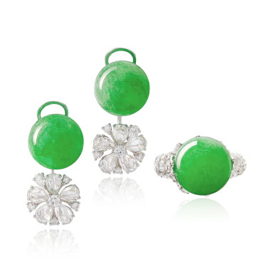 View full screen - View 1 of Lot 670. Jadeite Bead and Diamond Ring and Pair of Earrings | 天然翡翠珠 配 鑽石 戒指 及 耳環一對.