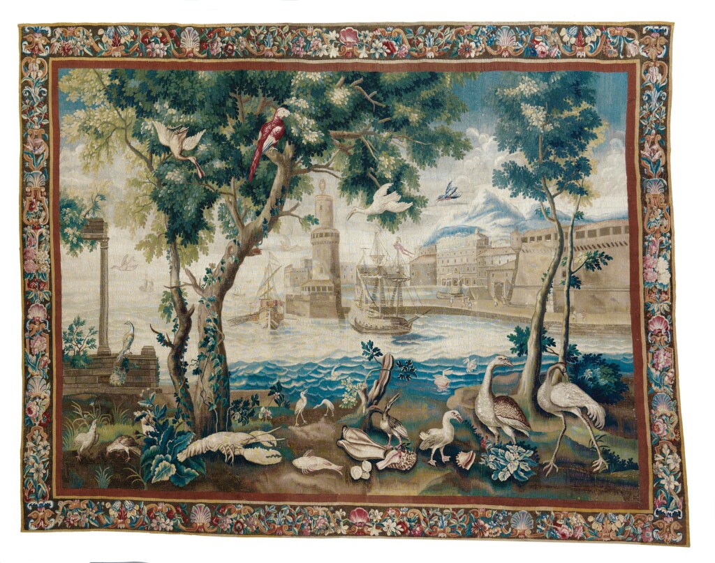 View full screen - View 1 of Lot 147. A LOUIS XIV BEAUVAIS ‘PORTS DE MER’ TAPESTRY, BY PHILIPPE BEHAGLE OR NOEL ANTOINE DE MEROU, BEAUVAIS, LATE 17TH/EARLY 18TH CENTURY, AFTER A DESIGN BY ADRIEN CAMPION AND JOSEPH VAN DEN KERCHOVE.