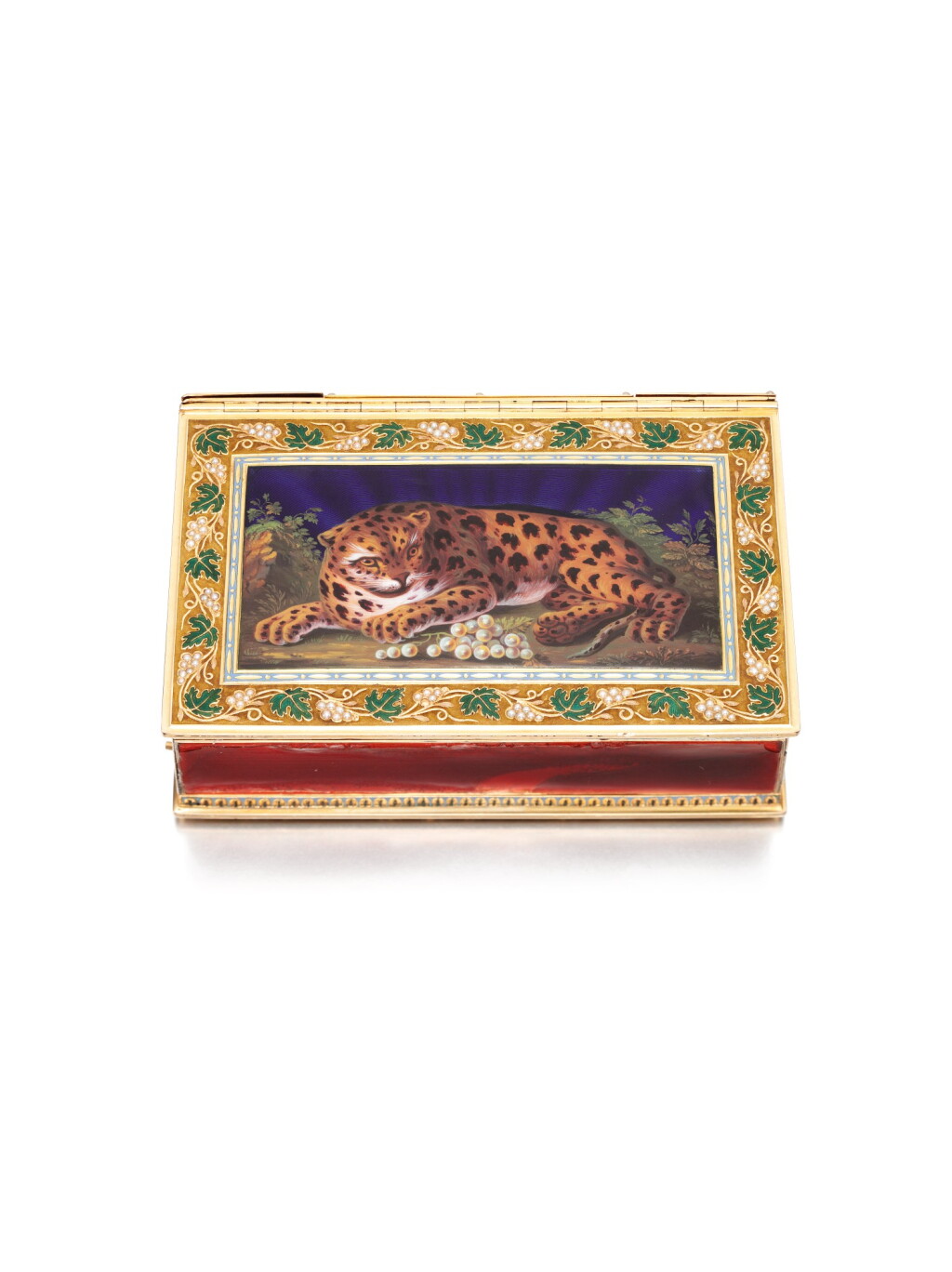 View full screen - View 1 of Lot 27. A RARE GOLD, ENAMEL AND PEARL SNUFF BOX WITH 'TEMPLE' AUTOMATON, MUSIC, WATCH AND VINAIGRETTE, SENÉ & NEISSER, GENEVA, 1807/1808.