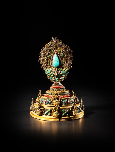 View full screen - View 1 of Lot 206. A turquoise, paste and semi precious stones inlaid gilt-copper mandala altarpiece, Nepal, 19th century | 尼泊爾 十九世紀 銅鎏金嵌寶曼陀輪祭壇.