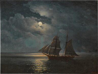 View full screen - View 1 of Lot 821. Ship in full sail in a moonlit night.