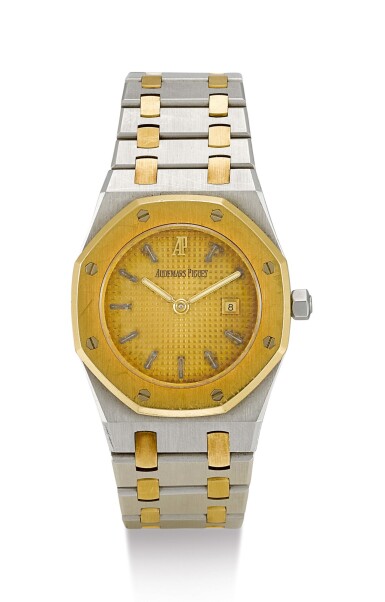 View full screen - View 1 of Lot 13. AUDEMARS PIGUET | ROYAL OAK, A YELLOW GOLD AND STAINLESS STEEL WRISTWATCH WITH DATE AND BRACELET, CIRCA 1980.