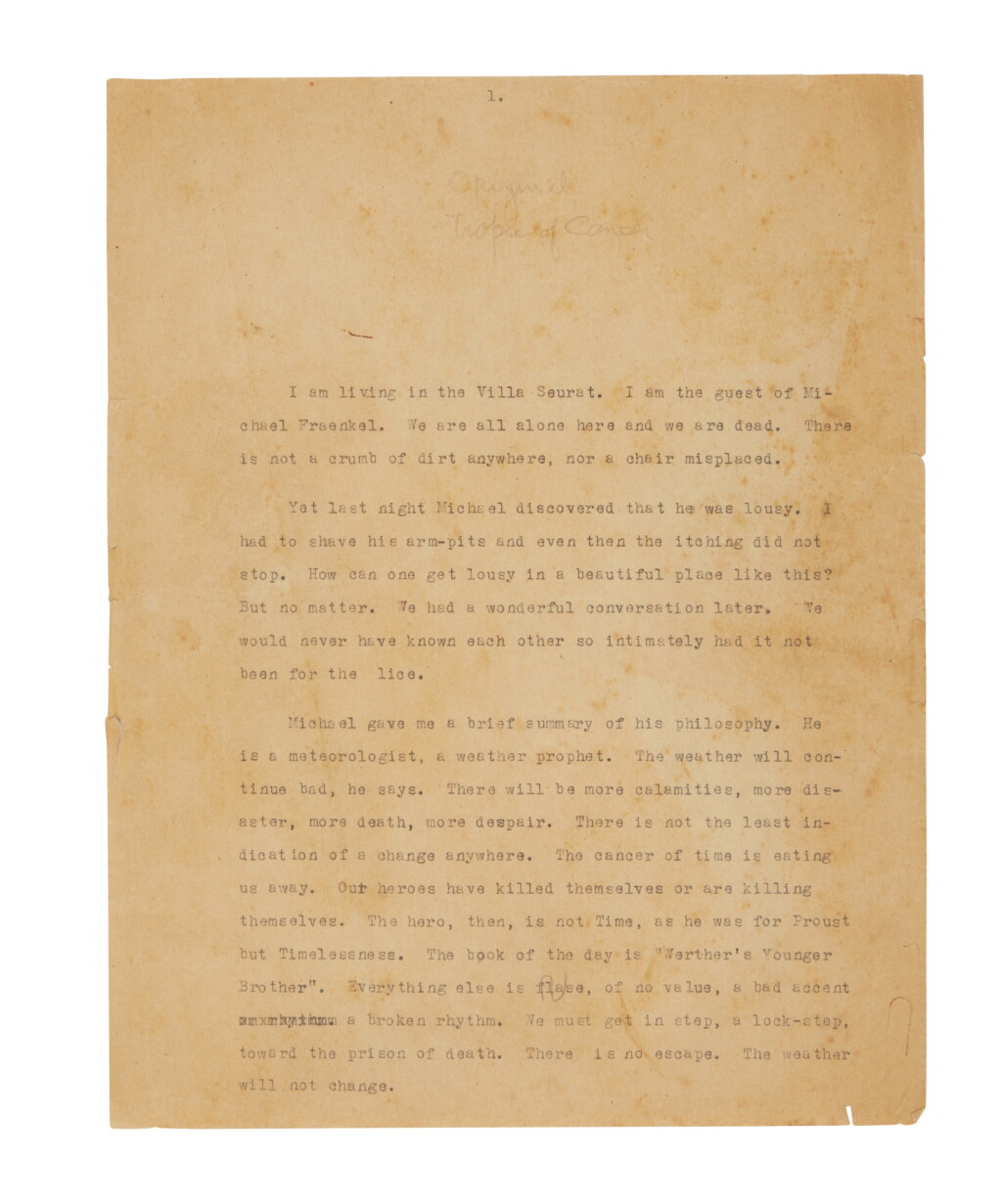 View full screen - View 1 of Lot 68. Miller, Henry | Typescript of The Last Book, a working title for Tropic of Cancer, written circa 1931–1932.