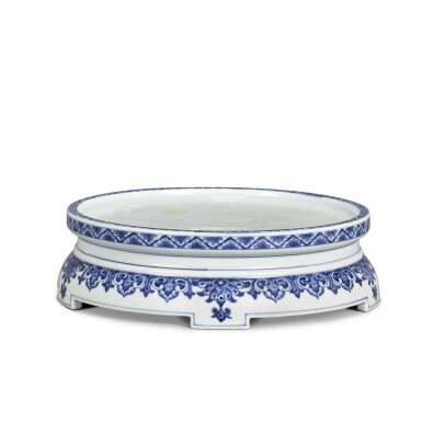 View full screen - View 1 of Lot 3638. A blue and white 'lotus' stand Seal mark and period of Yongzheng | 清雍正 青花如意花卉紋臺座 《大清雍正年製》款.