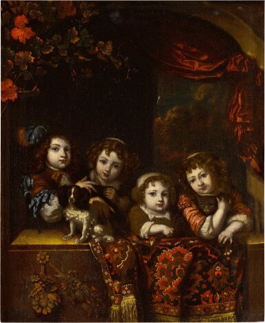 View full screen - View 1 of Lot 58. Portrait of four children with a dog and a cat at a windowsill.