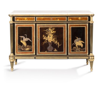 View full screen - View 1 of Lot 48. A gilt-bronze mounted Japanese lacquer and ebony commode à vantaux, Louis XVI, attributed to Adam Weisweiler | Commode à vantaux en laque du Japon, placage d'ébène et bonze doré d'époque Louis XVI, attribuée à Adam Weisweiler.