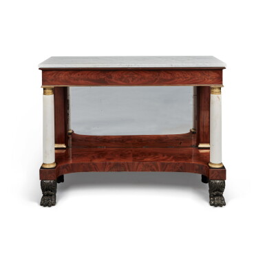 View full screen - View 1 of Lot 1608. Fine Classical Ormolu Mounted Figured Mahogany, Marble, and Vert Antique Pier Table, New York, Circa 1820.