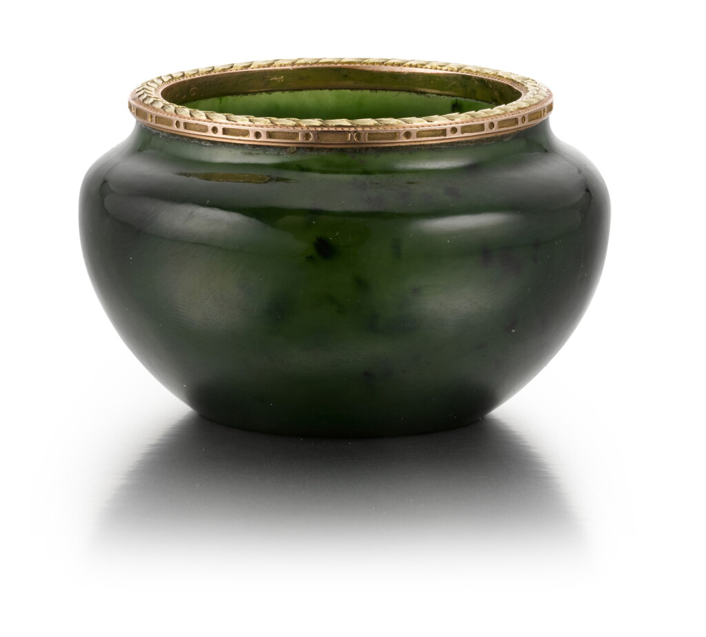 View full screen - View 1 of Lot 49. A Fabergé two colour gold-mounted nephrite bowl, workmaster Michael Perchin, St Petersburg, 1899-1903.