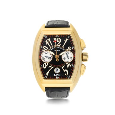 View full screen - View 1 of Lot 806. FRANCK MULLER | REFERENCE 8005 CC KING CONQUISTADOR A YELLOW GOLD TONNEAU-SHAPED AUTOMATIC CHRONOGRAPH WRISTWATCH WITH DATE, CIRCA 2001.