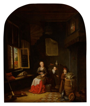 View full screen - View 1 of Lot 530. Interior of a kitchen with a seated woman peeling onions, a child hiding behind her, and a child holding a cabbage on a barrel.