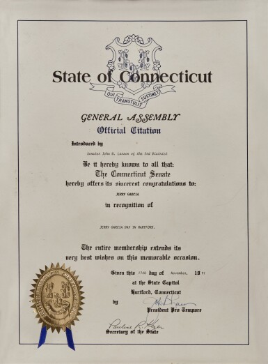 View full screen - View 1 of Lot 151. Jerry Garcia | The Connecticut Senate celebrates Garcia .